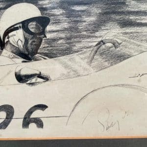 Original Nick Faure pencil drawing of Stirling Moss in the 1961 Lotus 18, signed by Moss