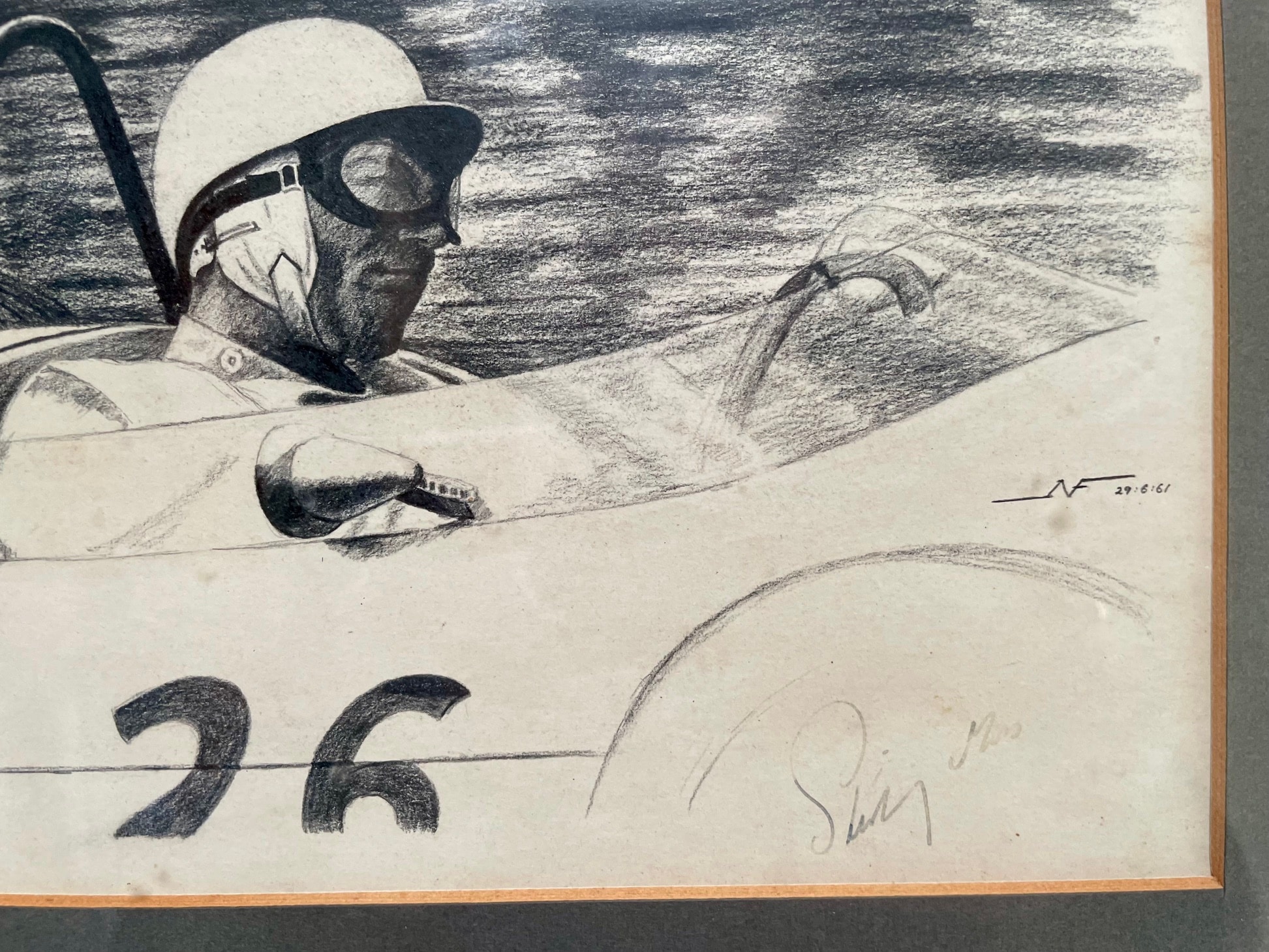 Original Nick Faure pencil drawing of Stirling Moss in the 1961 Lotus 18, signed by Moss