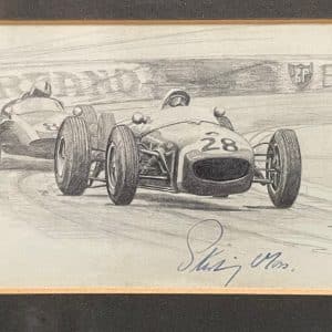Original pair of Nick Faure pencil sketches depicting Jack Brabham and Stirling Moss