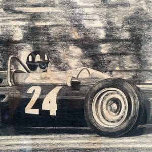 Original 1962 Nick Faure charcoal drawing of Graham Hill in the BRM