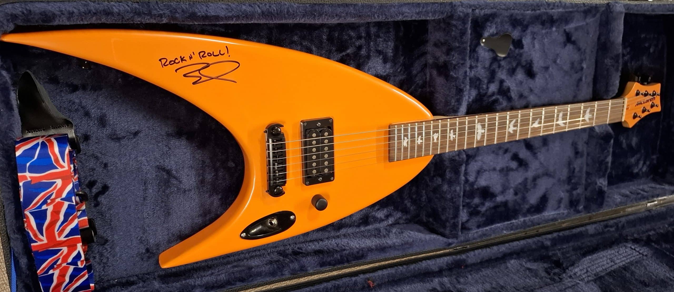McLaren one off custom ‘Papaya’ guitar signed by Zak Brown with McLaren provenance