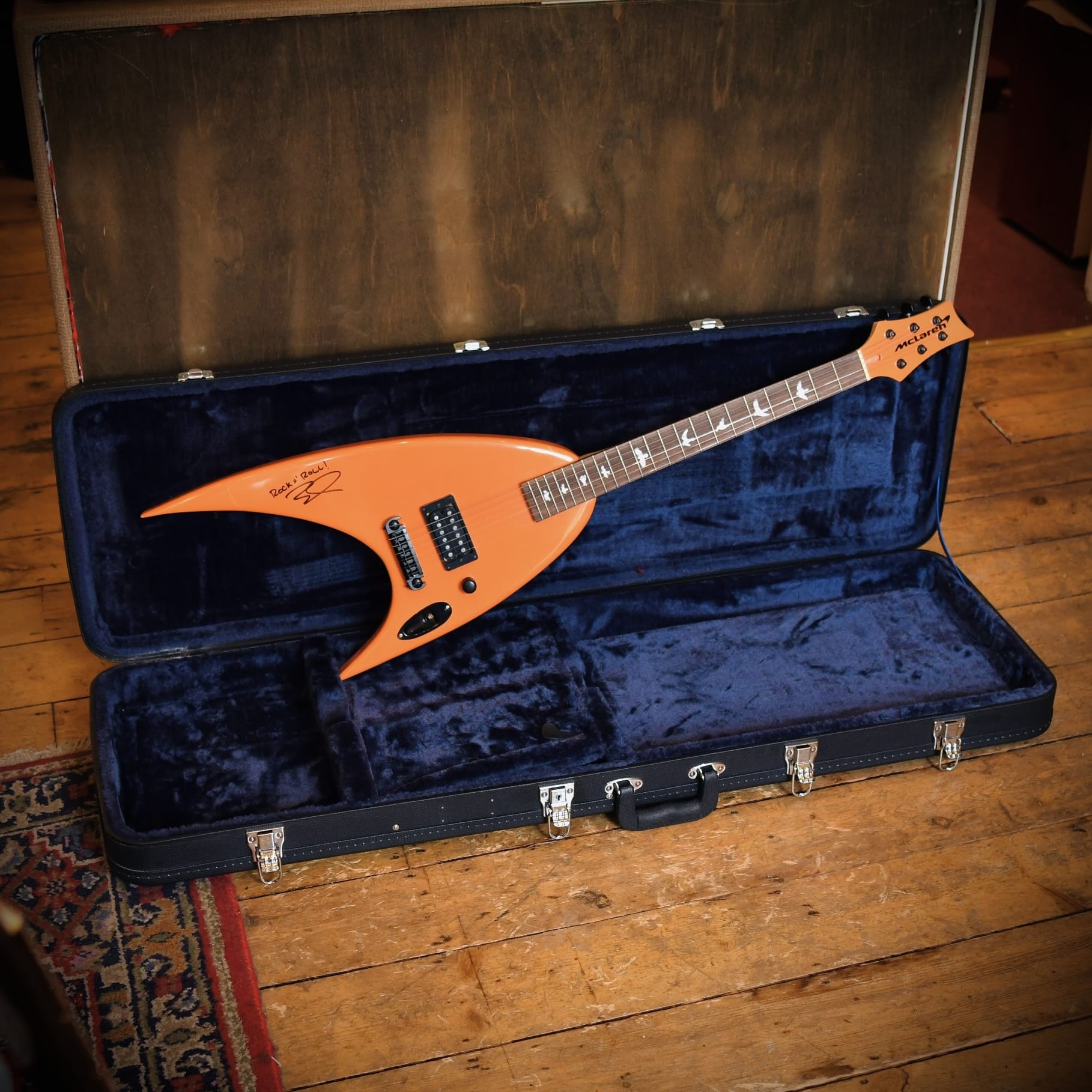 McLaren one off custom ‘Papaya’ guitar signed by Zak Brown with McLaren provenance