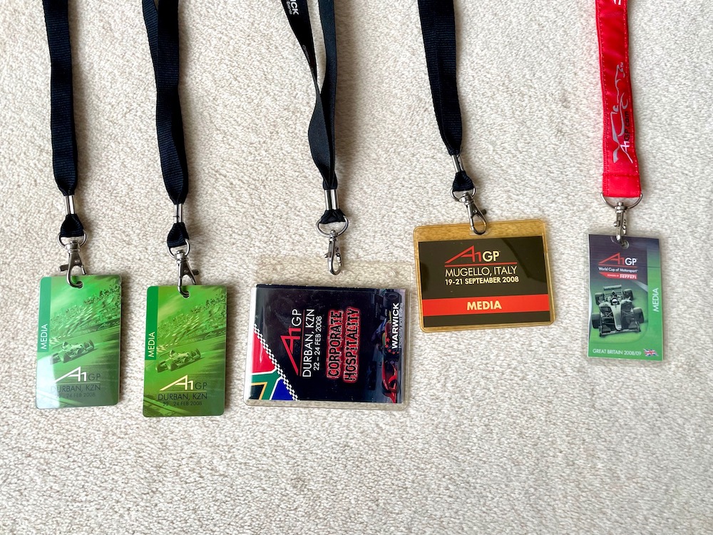 Five personal A1 GP passes from the Rob Widdows archive