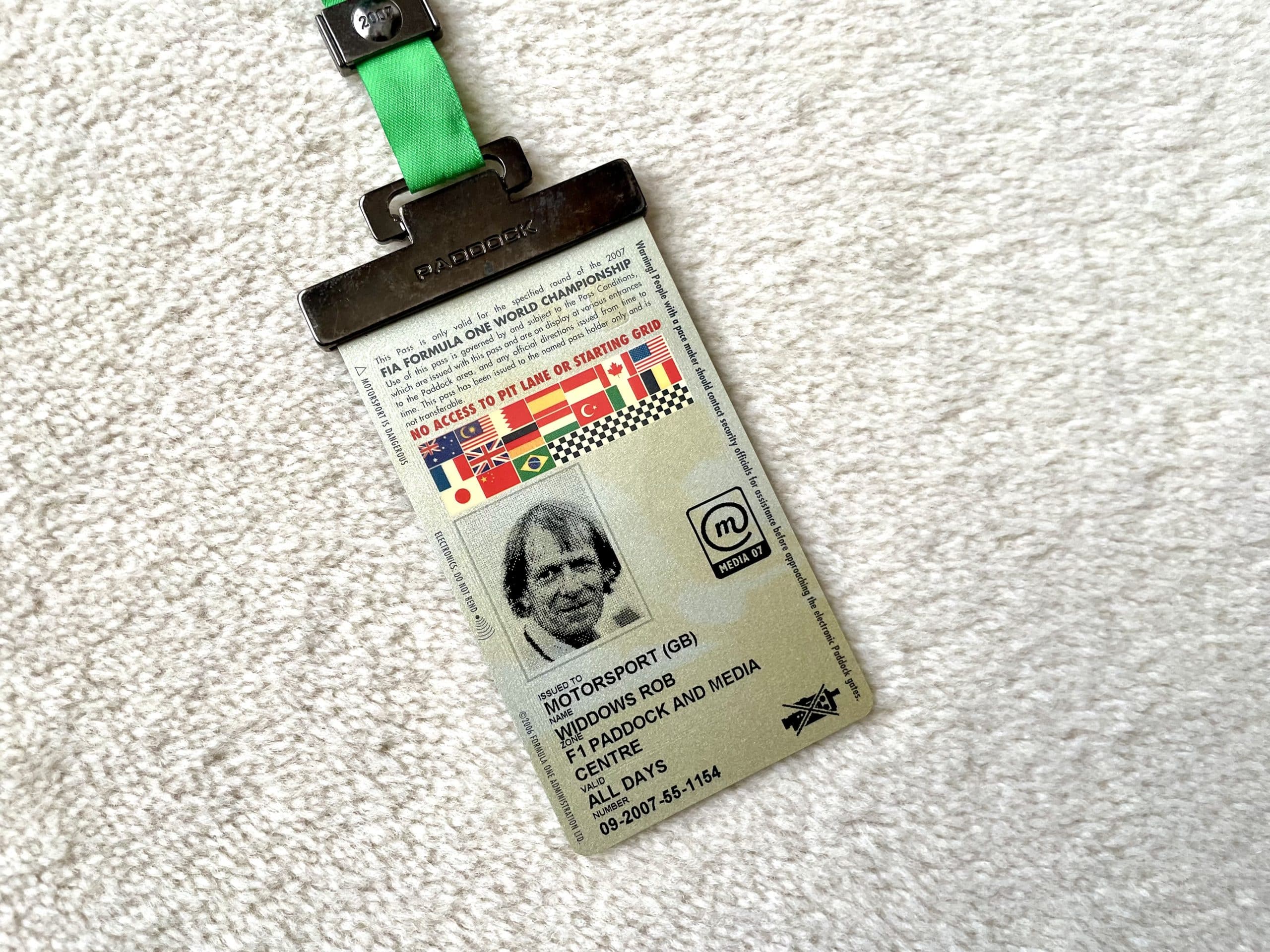 Rob Widdows’ personal Formula 1 Media paddock pass Silverstone 2007 - Image 2