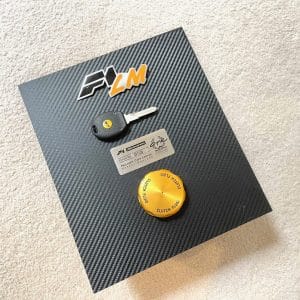 McLaren F1 LM key, rear badge, chassis plate and fluid cap, display mounted