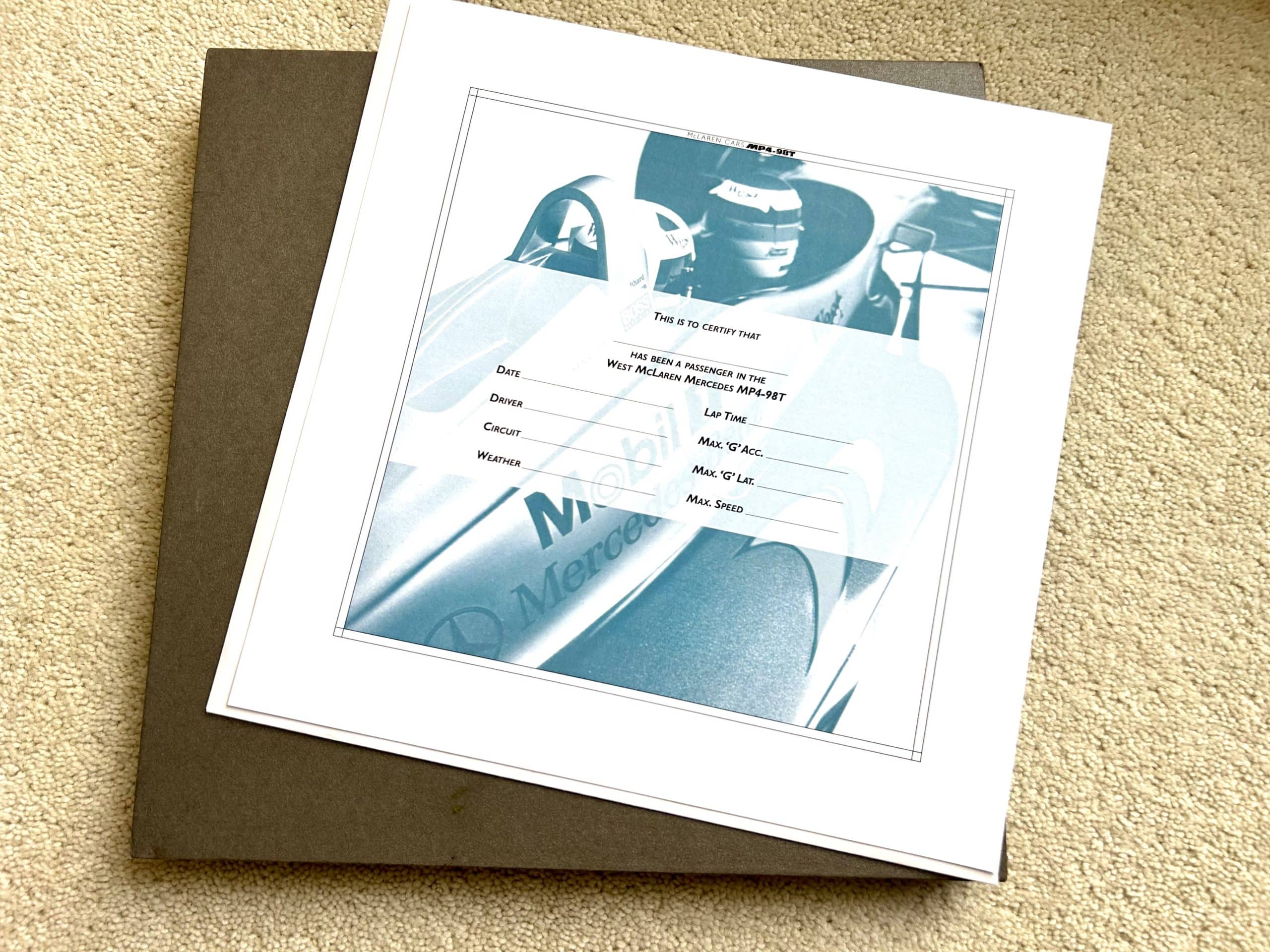 McLaren MP4/98T 2-seater experience certificate and 1998 press pack